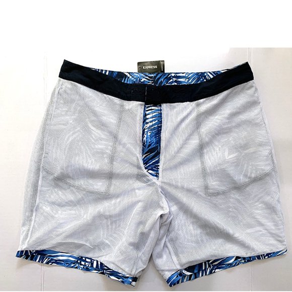 😊 EXPRESS MEN BLUE PALM TREE BORAD SHORT  L NWT - Picture 7 of 9